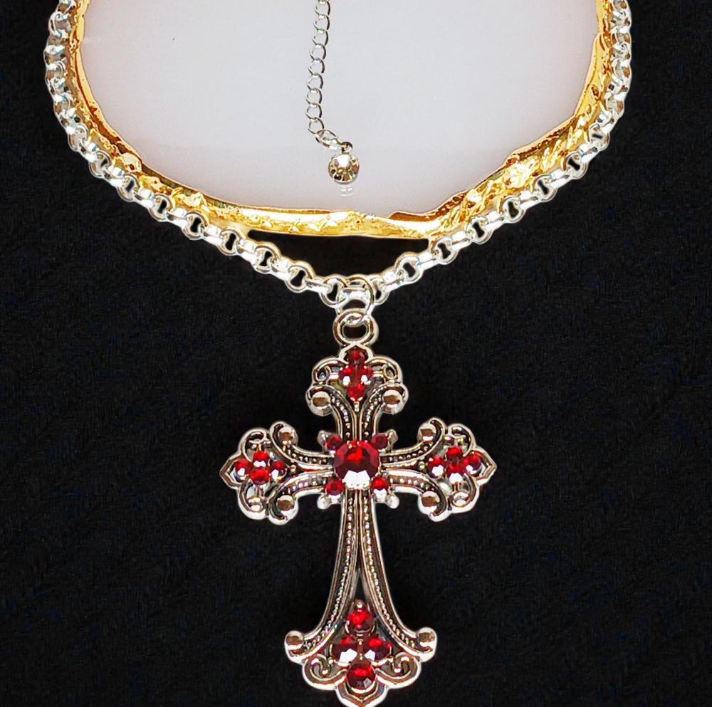 Silver Enchanted Choker Cross Charm Necklace Y2k Castlecore Glam Luxe Bling Ice